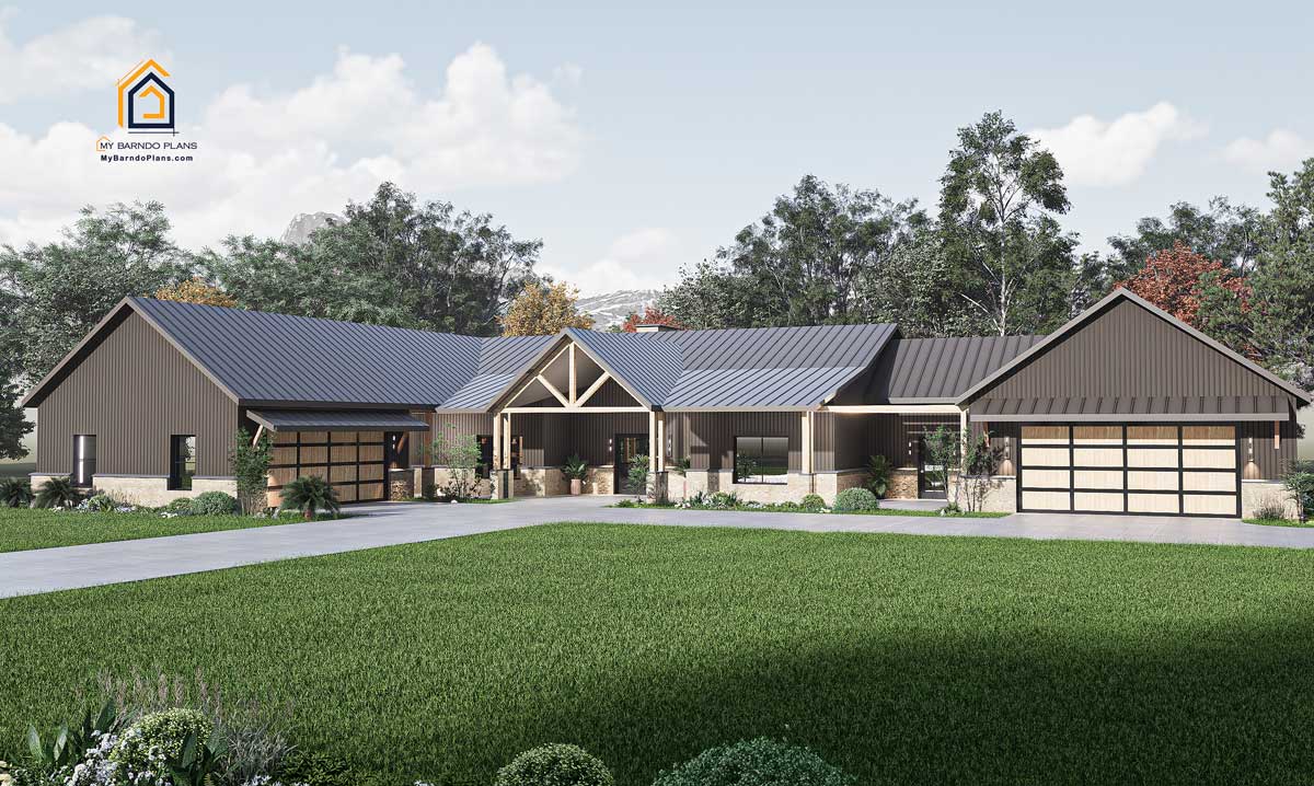 Front elevation of the Legacy Barndominium featuring dual 2-car garages, a large covered entry porch with timber accents, and expansive driveway