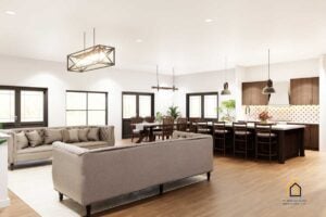 Expansive open-concept living area in the Legacy Barndominium, connecting the living room, dining space, and kitchen with seamless flow and high-end finishe