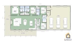 Detailed floor plan layout of the Longhorn Barndominium, 2405 sq ft with 4 bedrooms, 3 bathrooms, open living area, and spacious three-car garage