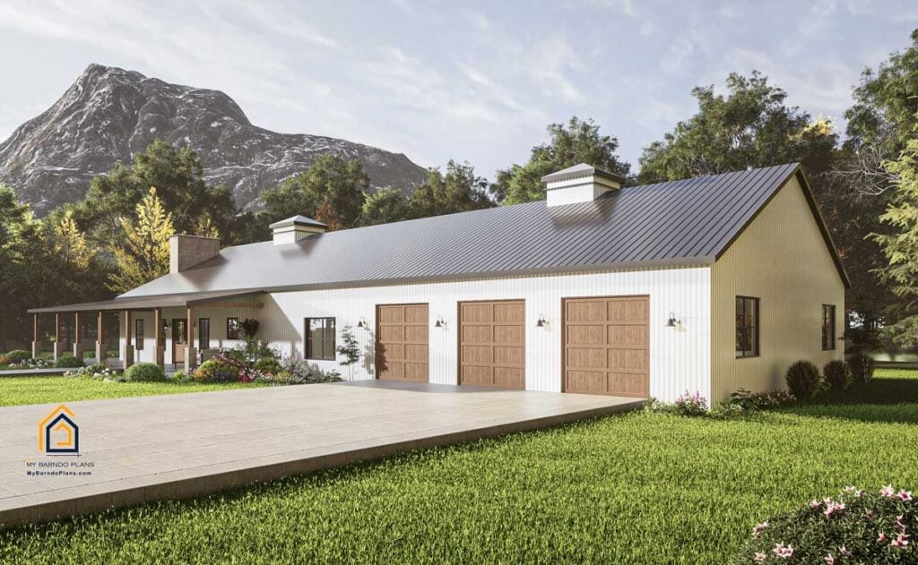 Front view of Longhorn Barndominium featuring three-car garage doors, metal roof, and welcoming landscaping with mountain backdrop.