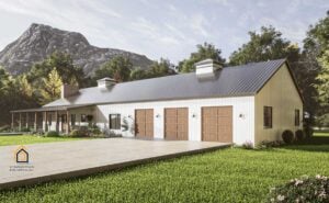 Front view of Longhorn Barndominium featuring three-car garage doors, metal roof, and welcoming landscaping with mountain backdrop.