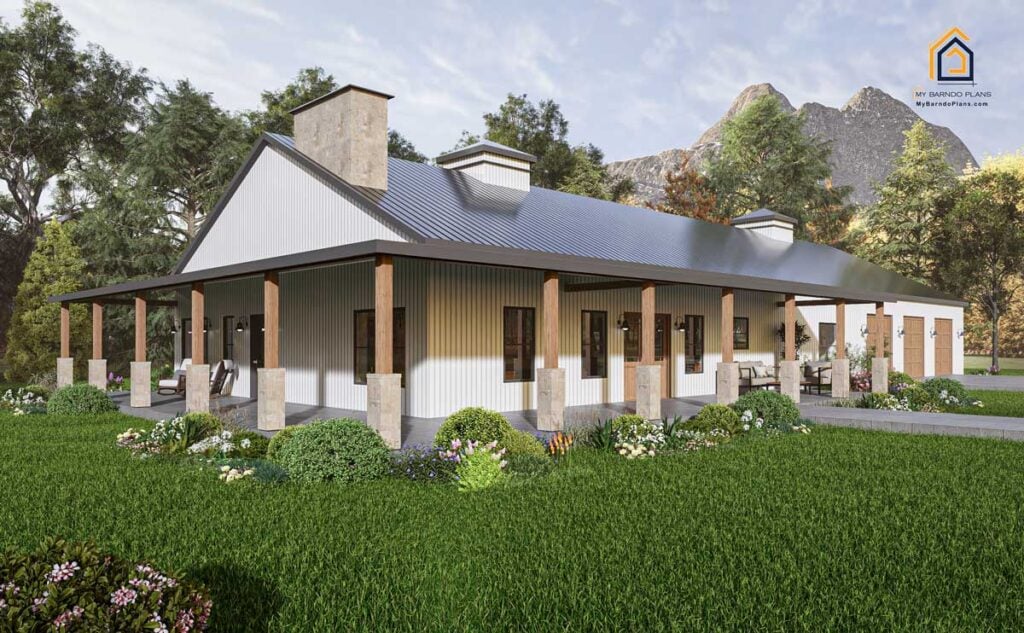 Exterior view of Longhorn Barndominium plan highlighting expansive wraparound porch.