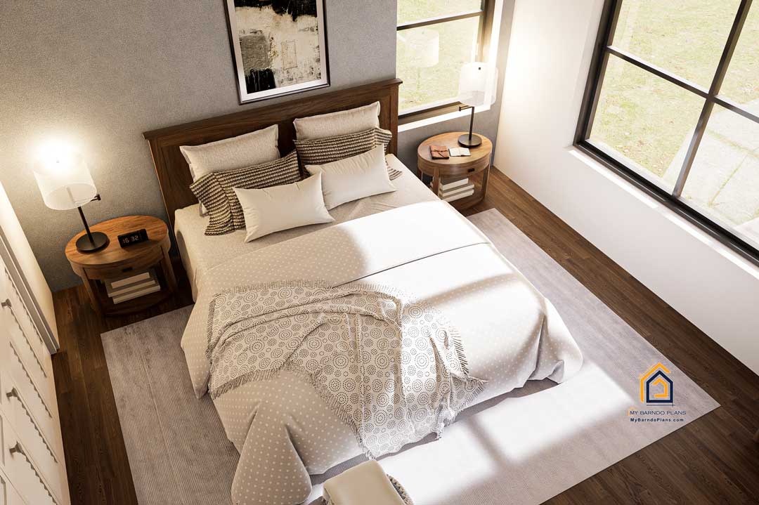 Overhead view of the master bedroom in the Shire Barndominium highlighting the cozy layout, tasteful decor, bedside tables, and generous window placement