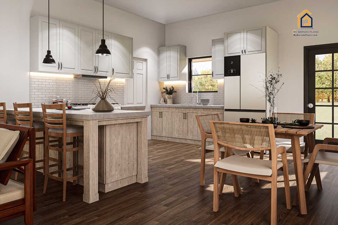Modern kitchen in the Shire Barndominium with an inviting open layout, island seating, stylish white cabinetry, sleek appliances, and adjacent dining space.