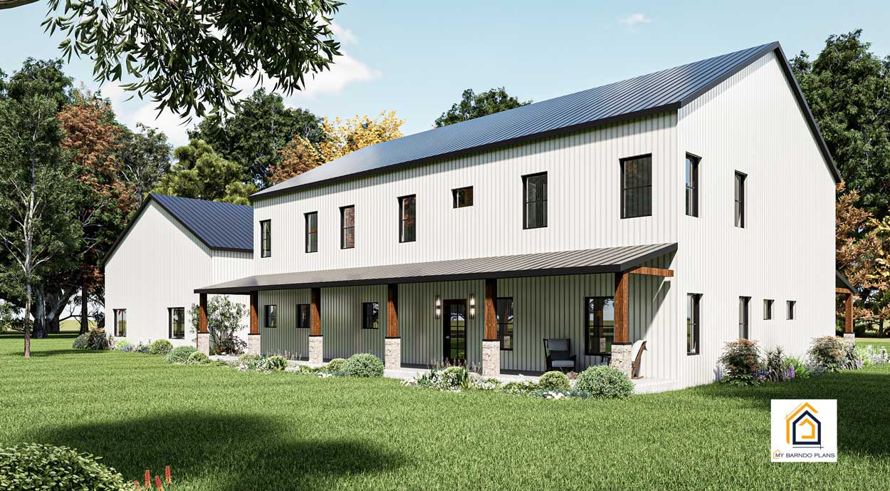 Rear angle of The Apex 5 bedroom barndominium showing full length covered porch and white siding exterior