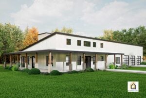 Angled view of The Arcadia barndominium with a wraparound porch and black-trim windows.