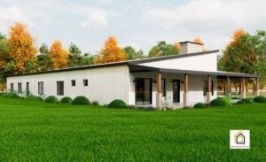 Rear view of The Arcadia barndominium with a covered porch and scenic fall foliage.