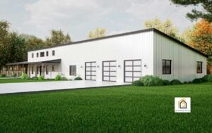 Front exterior view of The Arcadia barndominium featuring modern white metal siding, four garage doors, and a spacious driveway.