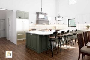 Open-concept kitchen in The Arcadia barndominium with a large island, bar stools, shaker cabinets, and pendant lighting.