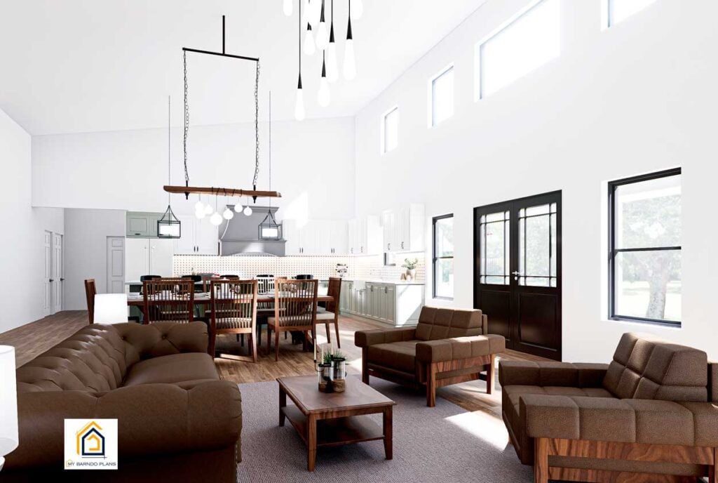 Full view of The Arcadia’s open living and kitchen area, showcasing vaulted ceilings and modern finishes.