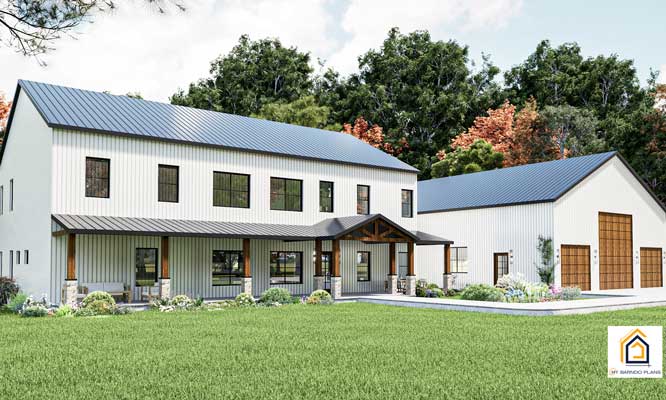 The Apex Barndominium with white metal siding, 3 car garage, and covered front porch 5 bedroom, 4.5 bath layout