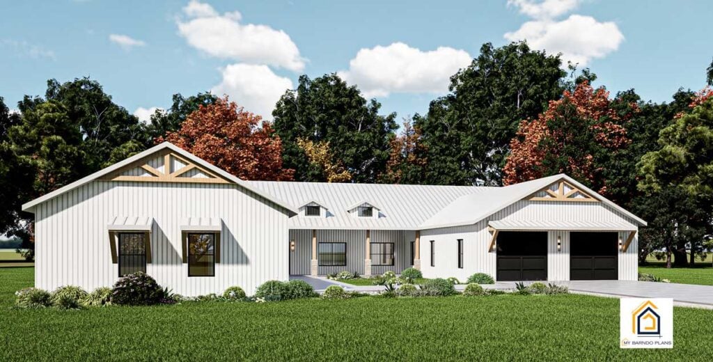 Whitecolored barndominium front view showing two garage wings and covered porch entry in The Generations plan.