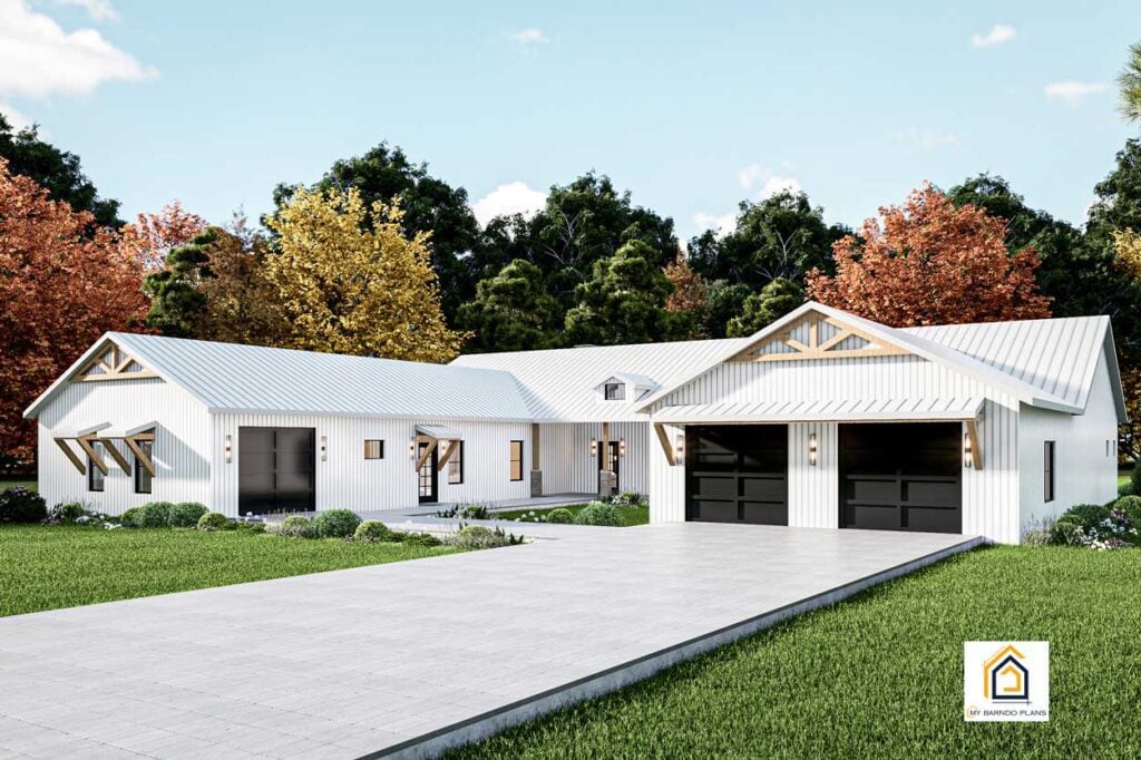 The Generations barndominium front elevation with split garages and boardandbatten siding