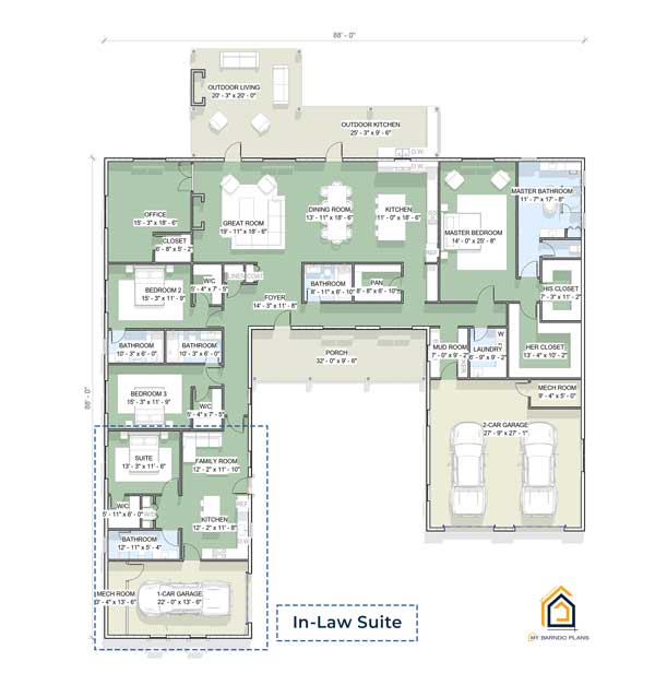 Thumbnail Detailed floor plan of The Generations barndominium featuring 3 bedrooms, a large in-law suite, dual garages, and outdoor living space.