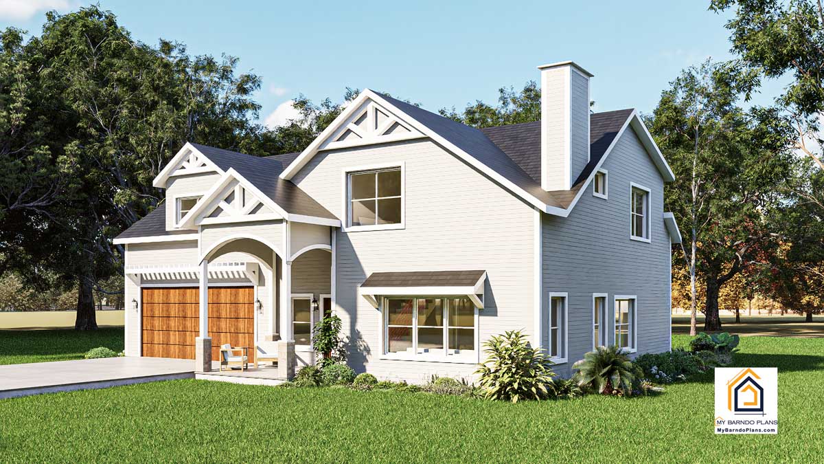 Angled front view of the Concord semi custom home plan with 3 bedrooms, 2.5 baths