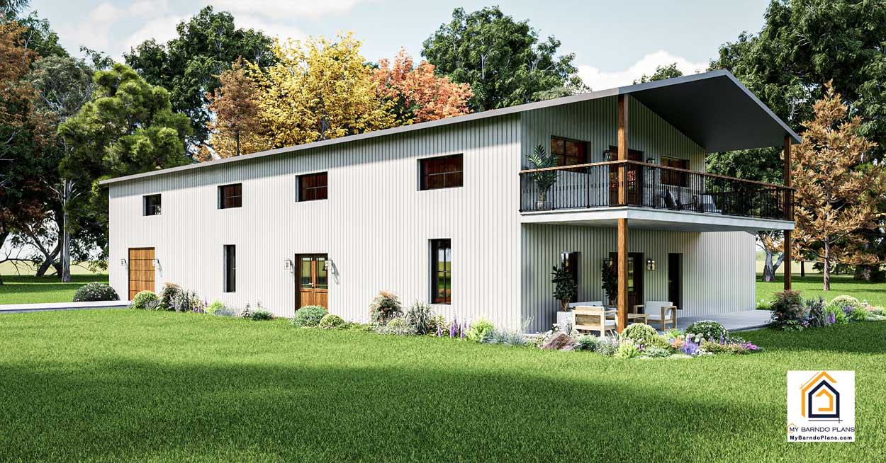 The Ark barndominium rear exterior with light siding, second floor covered balcony, and lower level porch seating.