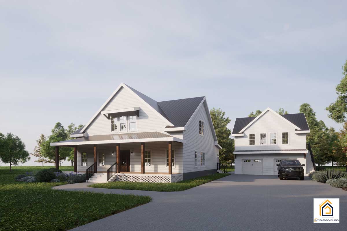 Front angle view of the Palmetto Barndominium with wraparound porch and detached garage apartment