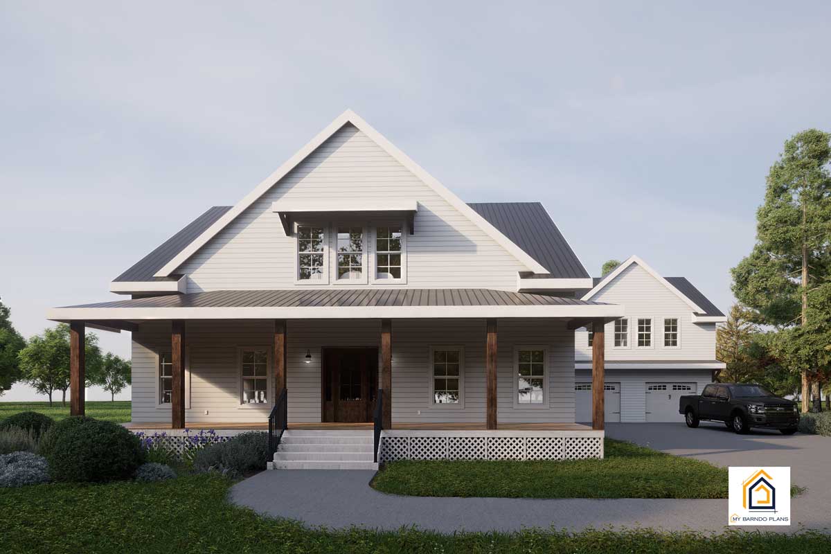 Front elevation of the Palmetto Farmhouse Barndominium showing covered porch and dormer windows