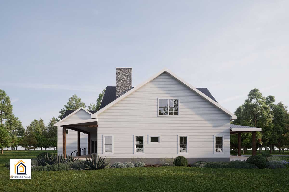 Right side elevation of the Palmetto farmhouse featuring large windows and garage apartmen