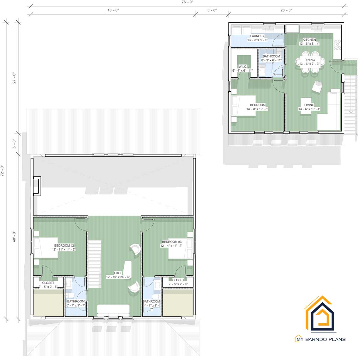 Palmetto Farmhouse Barndominium second floor plan showing loft and two bedrooms with private baths