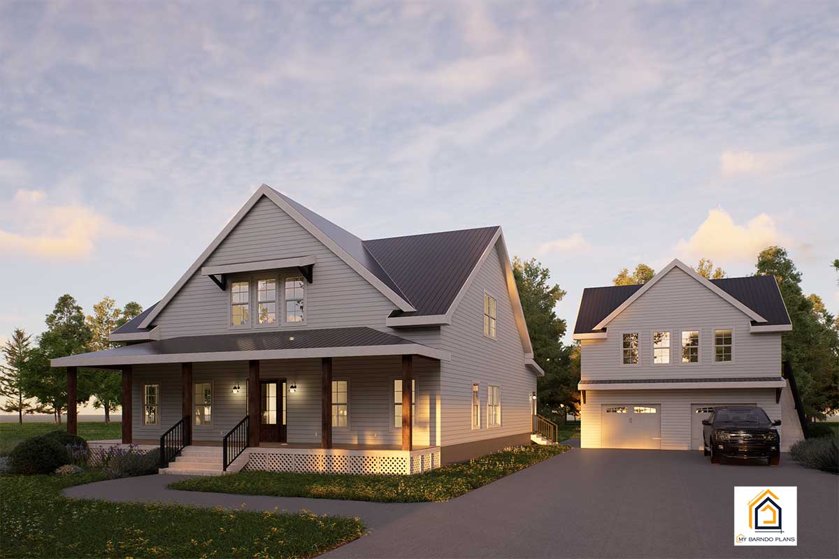 Shown at Dusk, front angle view of the Palmetto farmhouse floor plan with wraparound porch and detached garage apartment