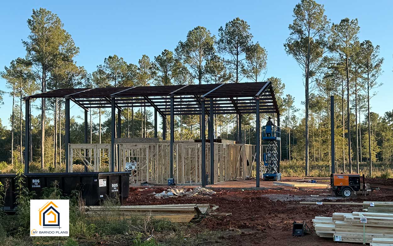 hybrid red iron build in progess by my barndominium plans