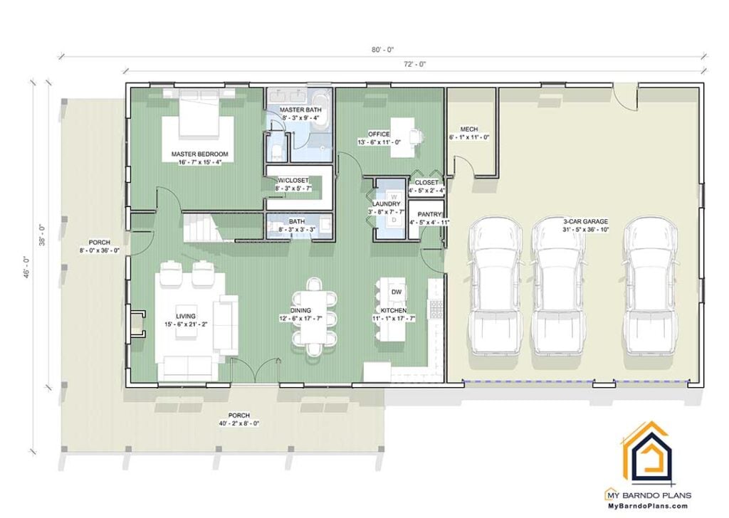 3 BR Centennial Barndominium First Floor Layout with Office
