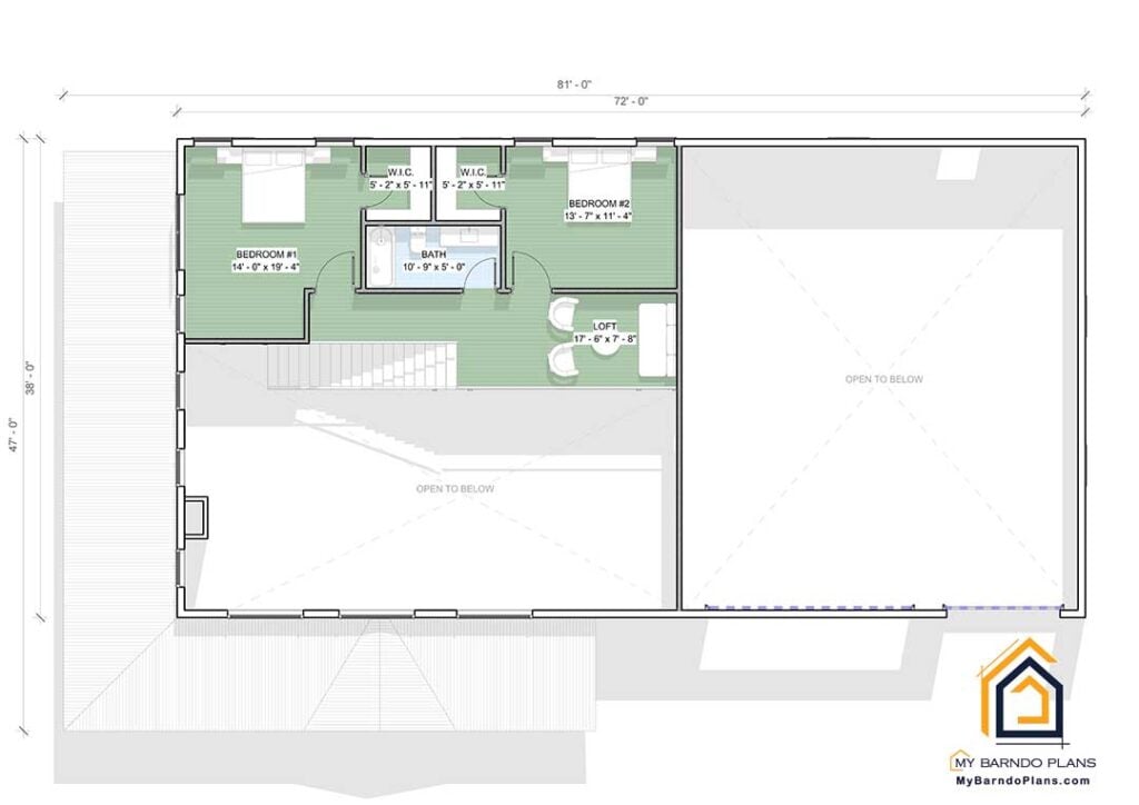 Upstairs layout features 2 bedrooms a bath and loft