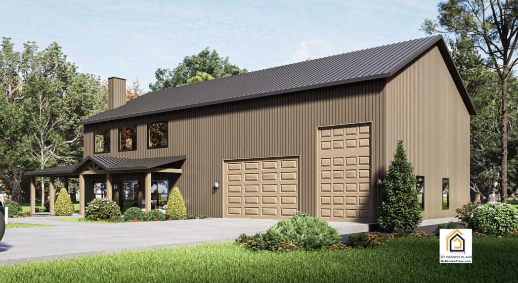 Front angled view of the Centennial three bedroom barndominium with 2.5 bathrooms, showing the large RV garage bay, double garage door, covered porch, and metal siding.