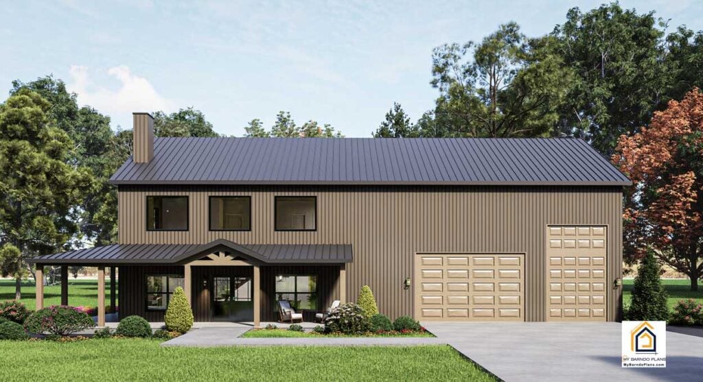 Straight front view of the Centennial barndominium plan featuring three bedrooms, 2.5 baths, an RV height garage door, covered front porch, and tall second story windows.