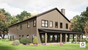 Side and rear view of the Centennial barndominium highlighting the long two story layout, covered porch, vertical metal siding, and upstairs bedroom windows along with the oversized RV garage.