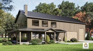Angled view of the Centennial barndominium showing the wraparound porch, RV height garage door, second floor bedroom windows, and metal exterior surrounded by landscaping.