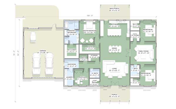 3 BR Liberty Barndominium Plan layout with measuremetns
