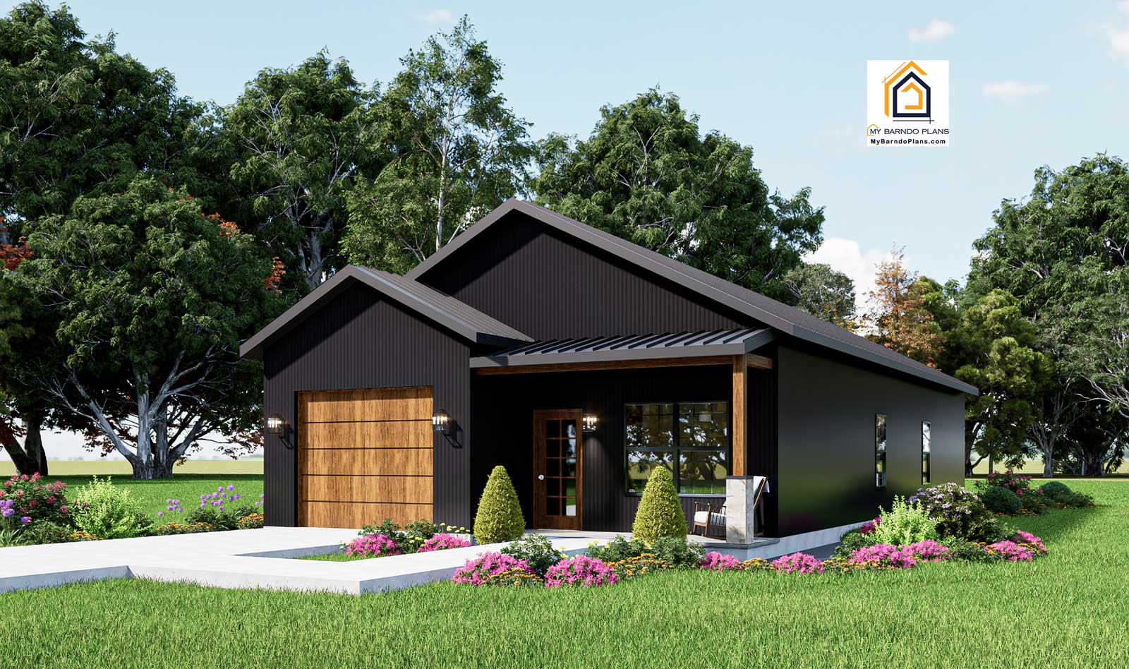 Black exterior Shotgun House Barndominium viewed from the front right, showing single-story layout and narrow footprint.