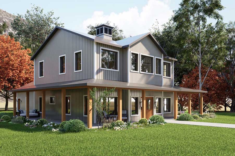 cottage red iron barndominium kit exterior