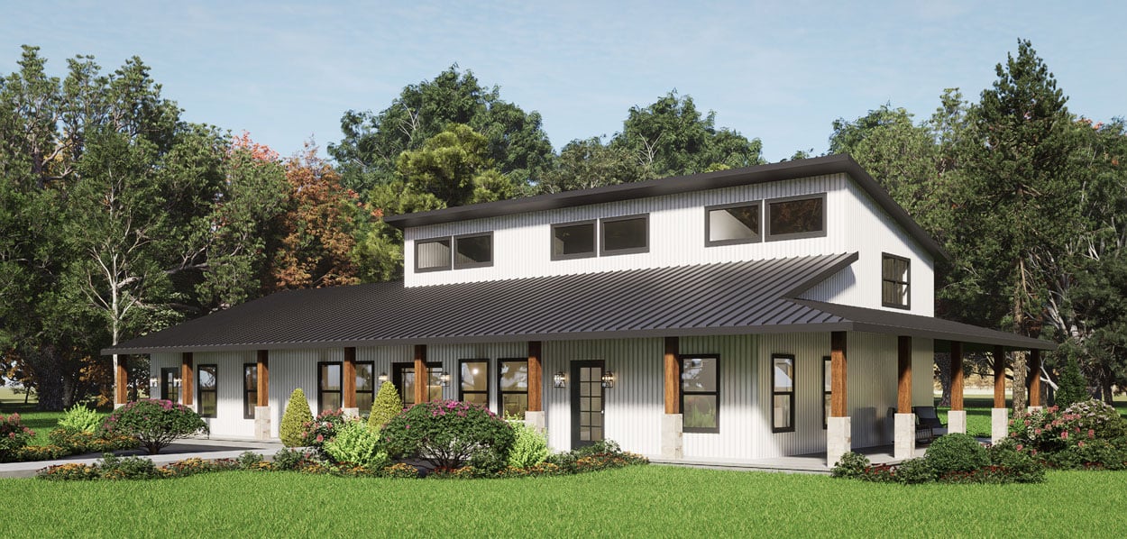 front exterior view of the Sunrise SIP barndominium, a single story 1,800 sq ft home with metal siding and covered porch