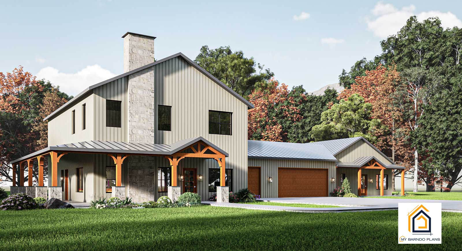 The Homestead barndominium showing oversized garage and attached apartment style living space with private entrance