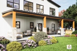 Covered back porch of the Ironwood Barndominium with seating area, timber posts, and outdoor cooking space