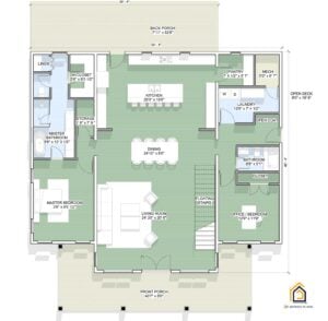 Ironwood Barndominium main floor plan showing open living, kitchen with large island, dining, primary suite, office bedroom, and porches