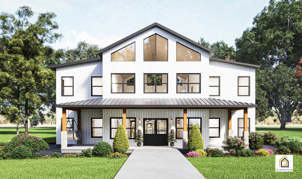 Front view of the Ironwood Barndominium with white vertical metal siding, black windows, and a full width covered porch