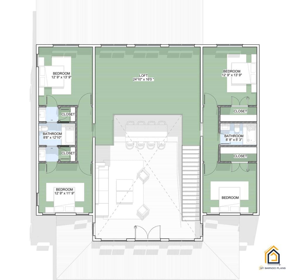 Ironwood Barndominium upstairs floor plan with central loft and four bedrooms with baths and closets