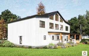 Back exterior view of the Ironwood Barndominium with two story massing, black windows, and covered porch