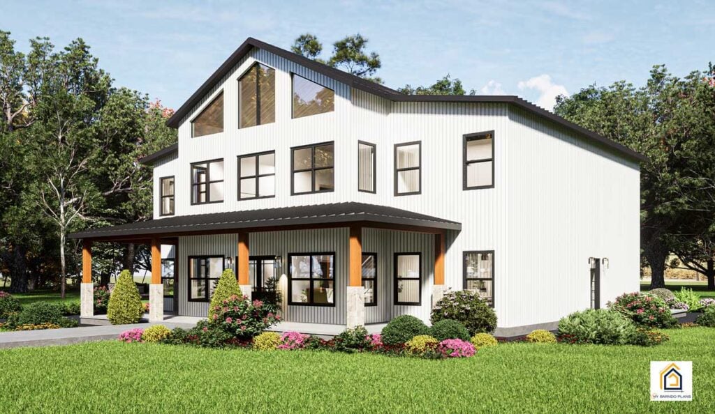 Side and back porch view of the Ironwood Barndominium with white metal siding and wraparound covered patio