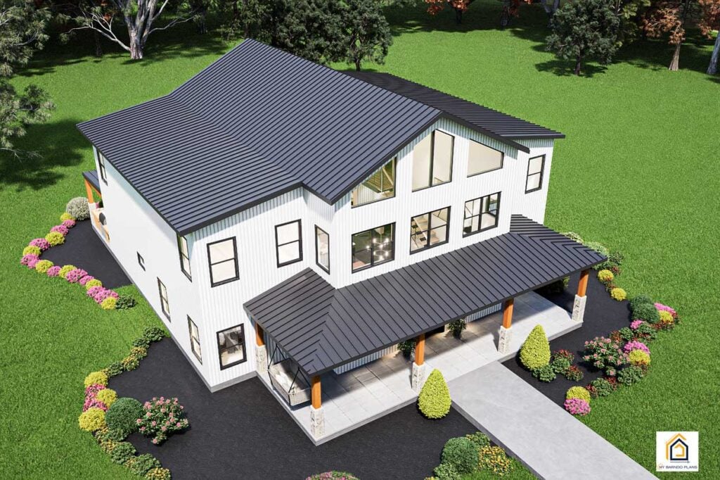 Birdseye front view of the Ironwood Barndominium showing the metal rooflines, covered porch, and window layout