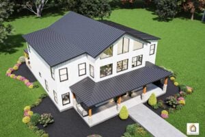 Birdseye front view of the Ironwood Barndominium showing the metal rooflines, covered porch, and window layout