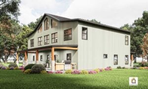 ear side view of the Ironwood Barndominium with covered back porch and outdoor kitchen area