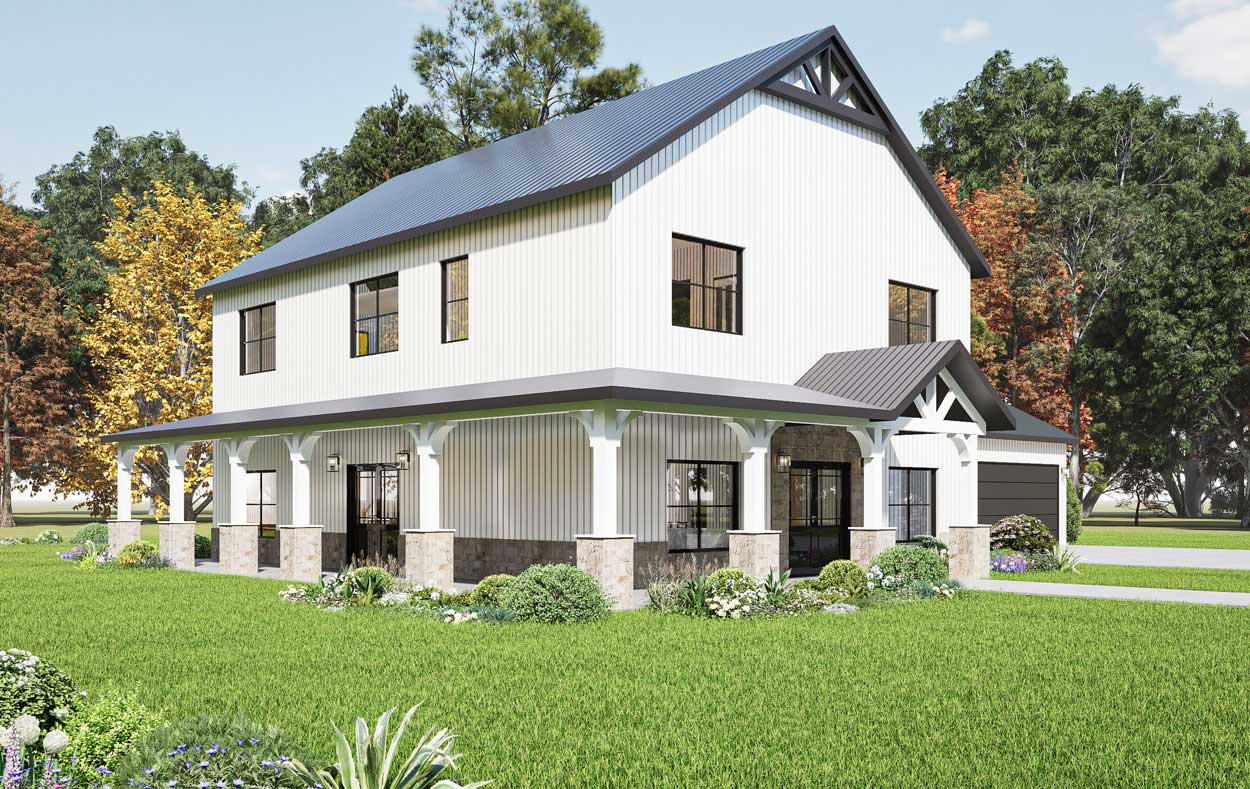 Three bedroom barndominium home kit shown on a grass lot with trees in background