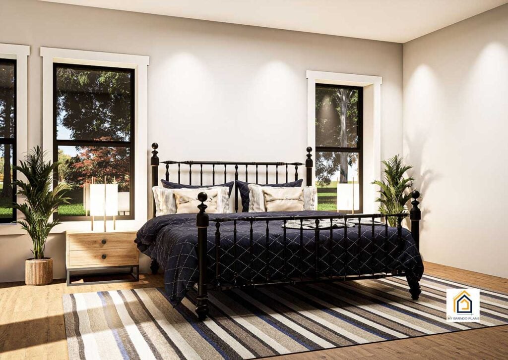 4 BR Table Rock barndominium master bedroom with large windows, natural light, and spacious layout