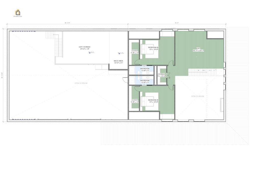 Upstairs layout of 4 Br Barndominium Plan with room dimensions. Plan is called Table Rock