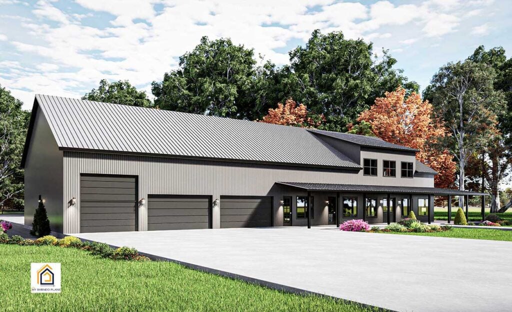 Table Rock barndominium driveway view with large garage shop doors and covered porch